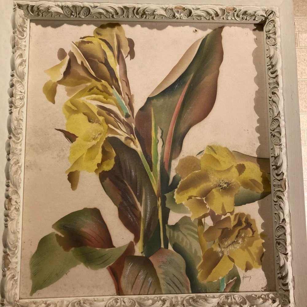 Benjamin Jorj Harris Art Painting from 1940 21x19 in glass yellow lillys